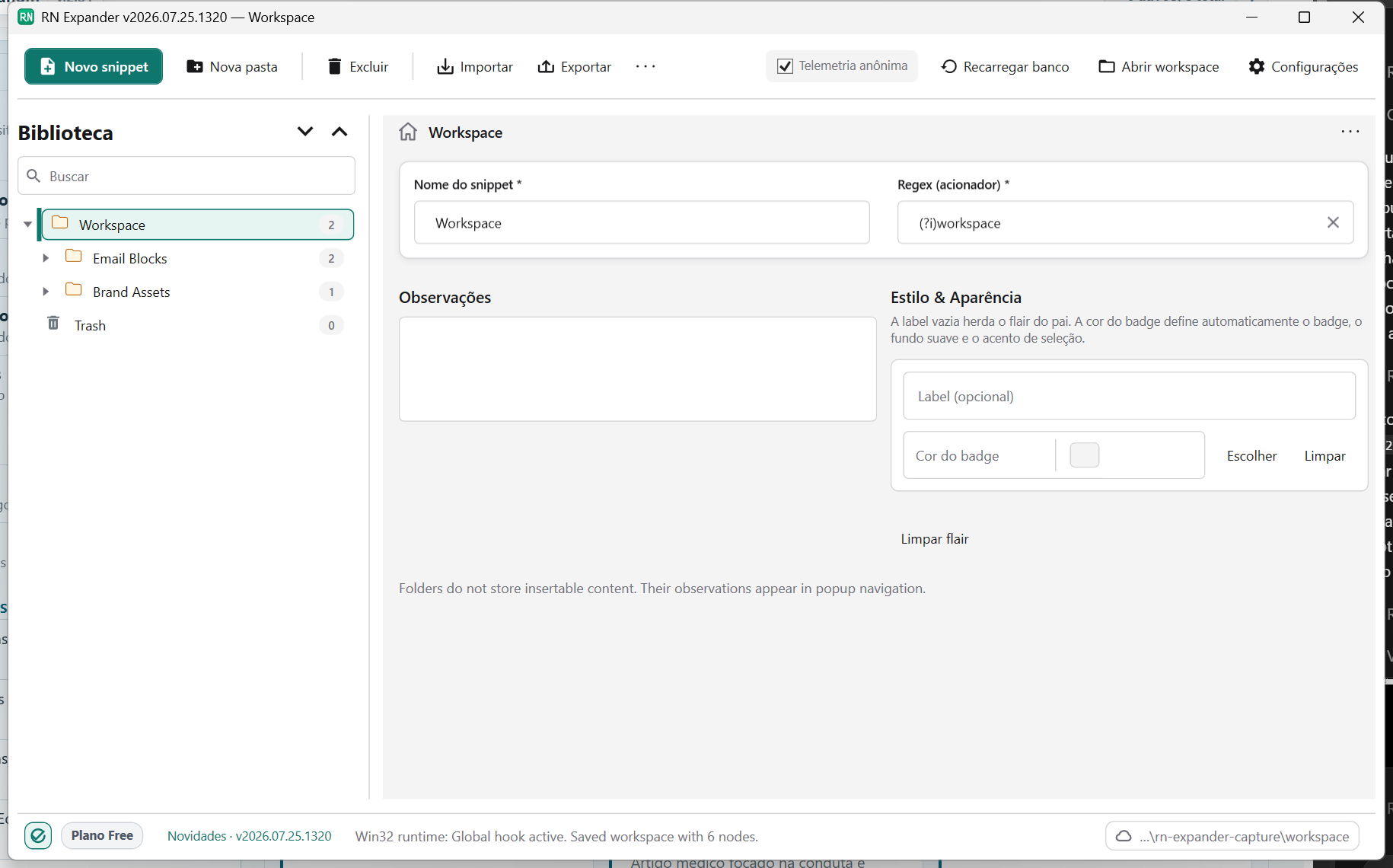 Gerenciador do RN Expander com biblioteca à esquerda e editor do workspace à direita