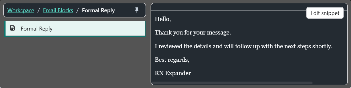 Popup do RN Expander com breadcrumb, snippet selecionado e pré-visualização do conteúdo